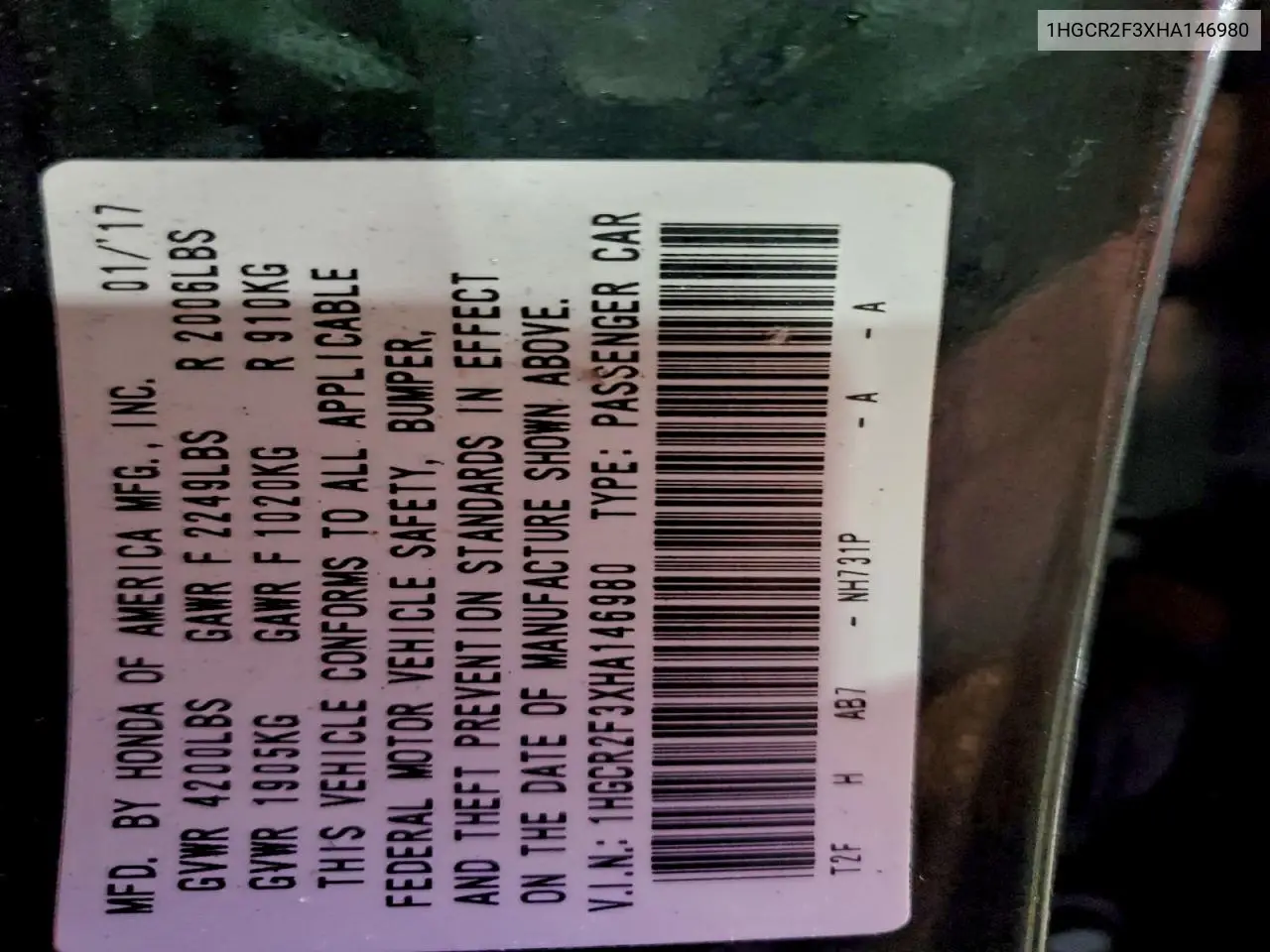1HGCR2F3XHA146980 2017 Honda Accord Lx