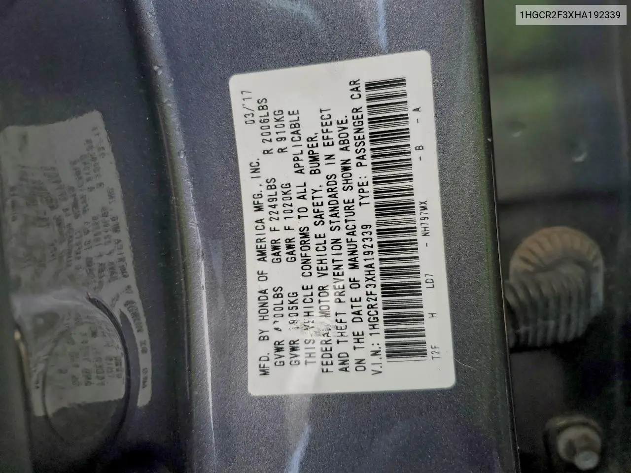 1HGCR2F3XHA192339 2017 Honda Accord Lx