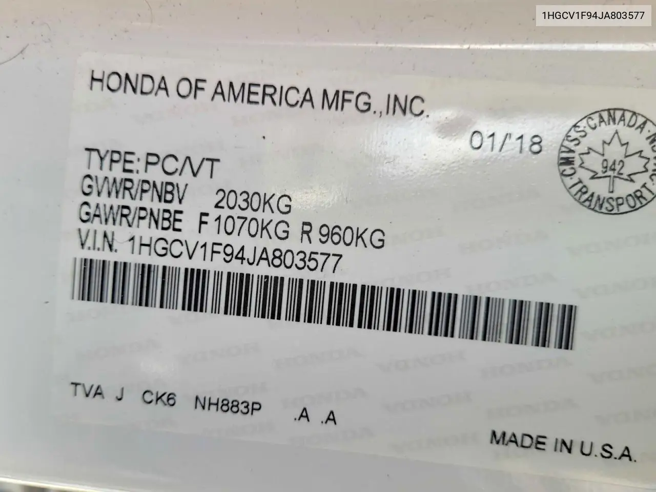 1HGCV1F94JA803577 2018 Honda Accord Touring