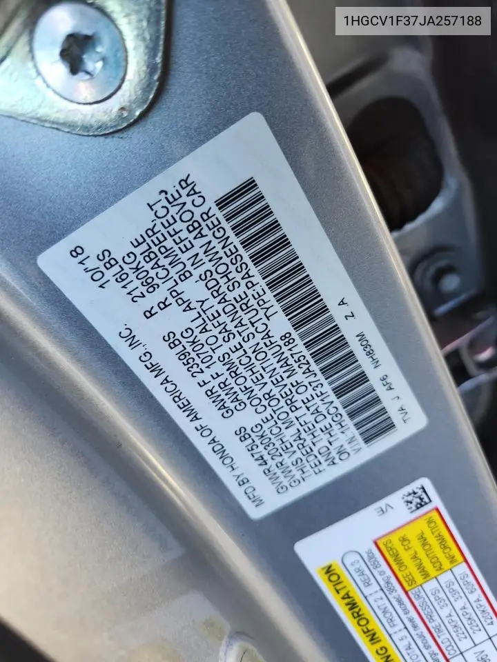 1HGCV1F37JA257188 2018 Honda Accord Sport