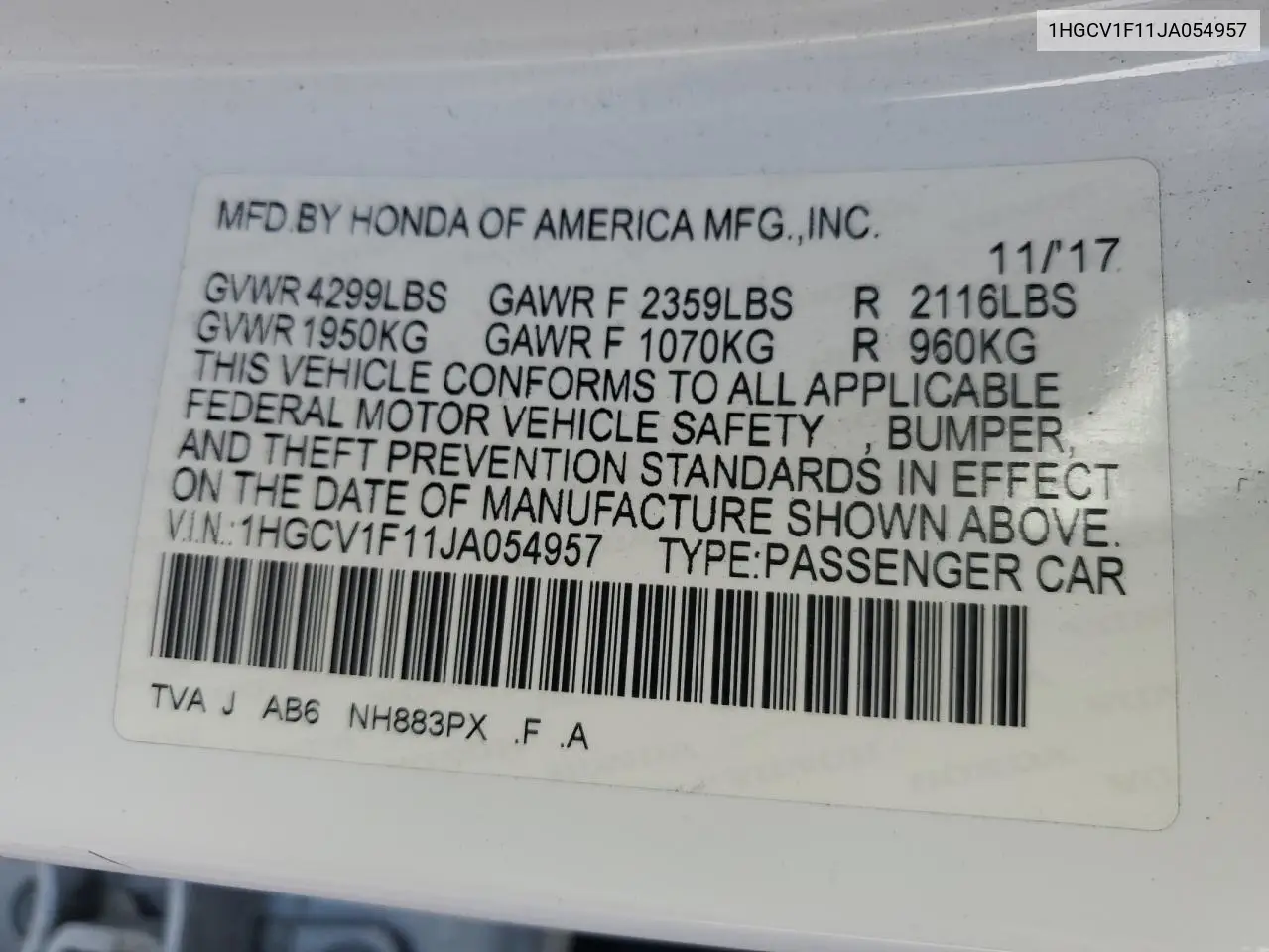 1HGCV1F11JA054957 2018 Honda Accord Lx