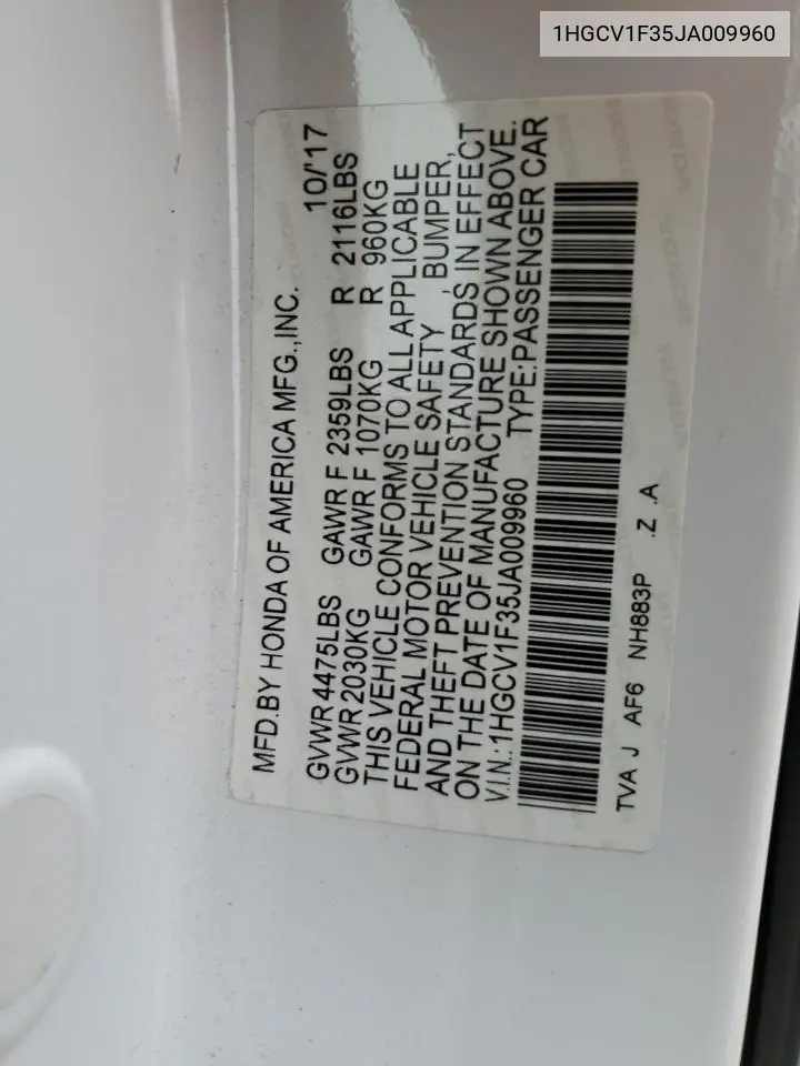 1HGCV1F35JA009960 2018 Honda Accord Sport