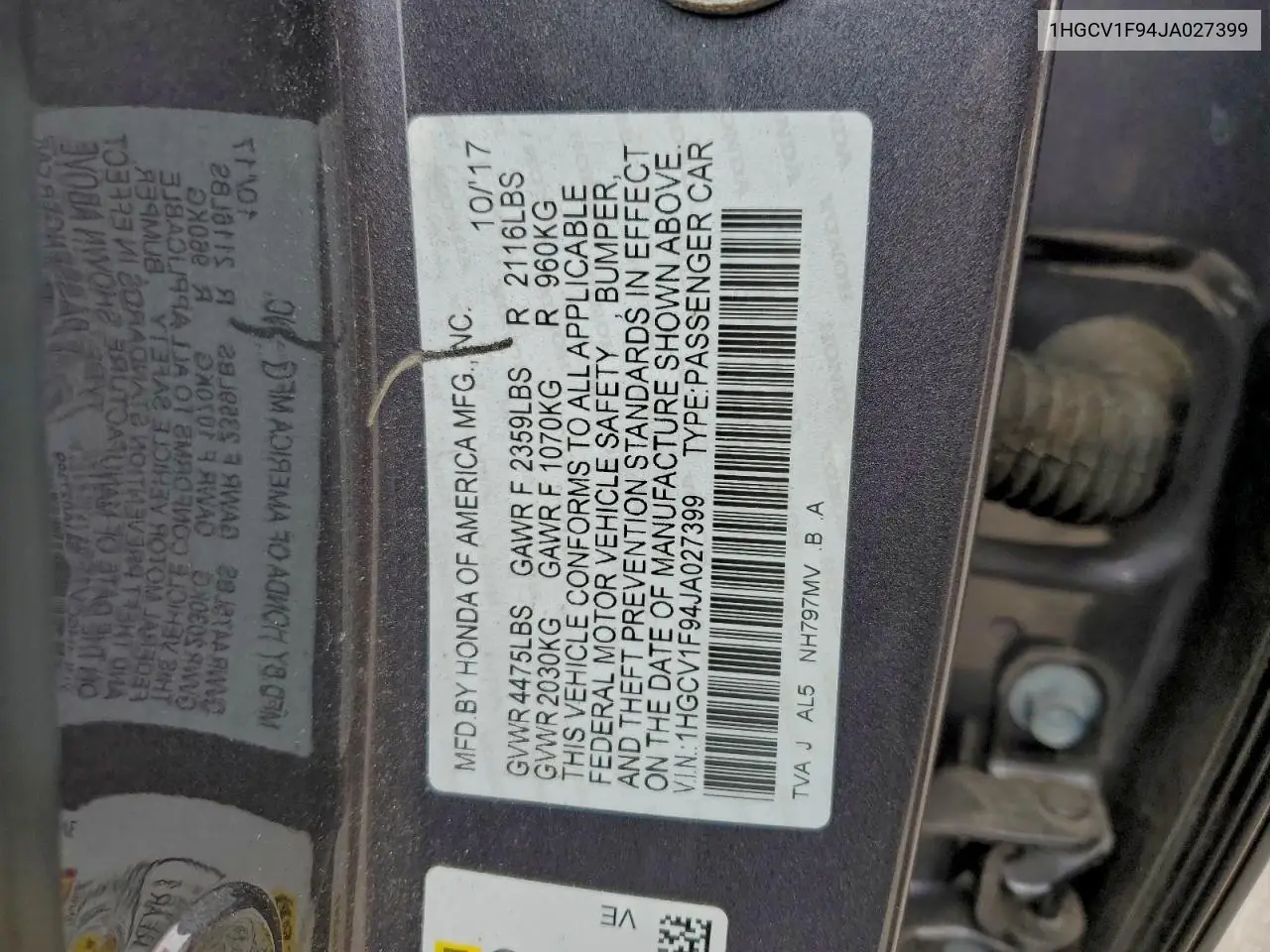 1HGCV1F94JA027399 2018 Honda Accord Touring