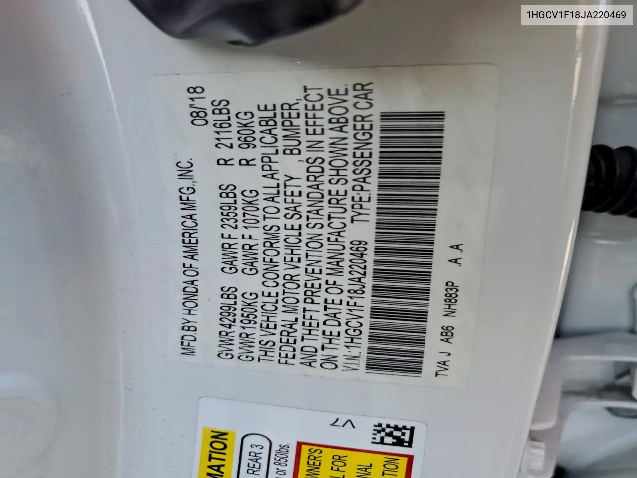 1HGCV1F18JA220469 2018 Honda Accord Lx