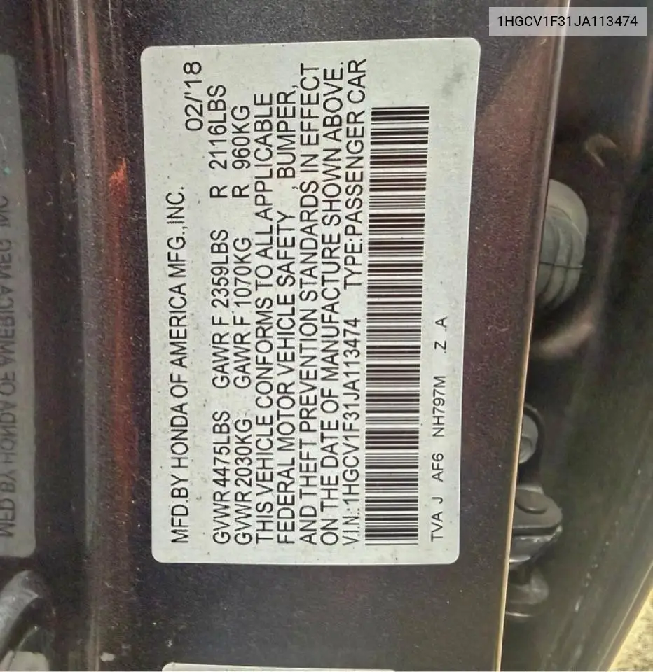 1HGCV1F31JA113474 2018 Honda Accord Sport