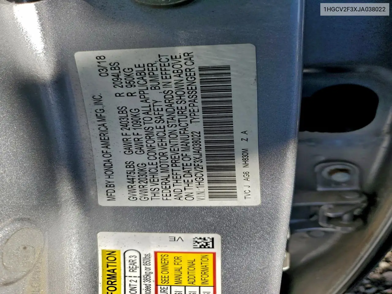 1HGCV2F3XJA038022 2018 Honda Accord Sport