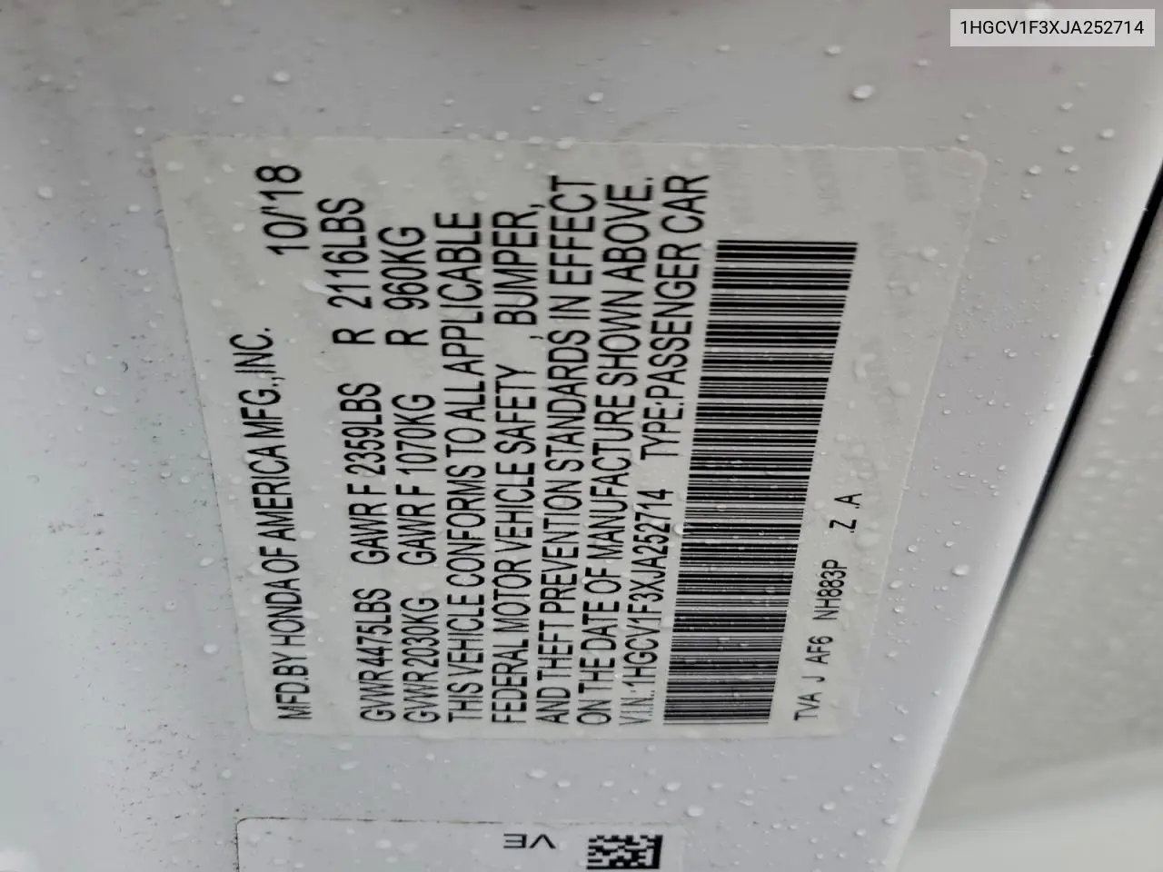 1HGCV1F3XJA252714 2018 Honda Accord Sport
