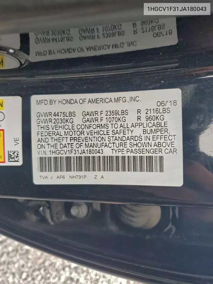 1HGCV1F31JA180043 2018 Honda Accord Sport