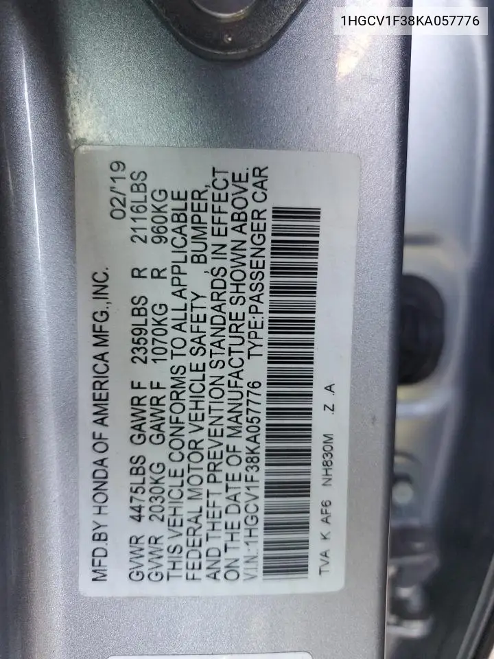 1HGCV1F38KA057776 2019 Honda Accord Sport