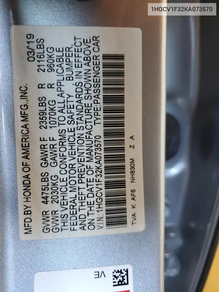 1HGCV1F32KA073570 2019 Honda Accord Sport