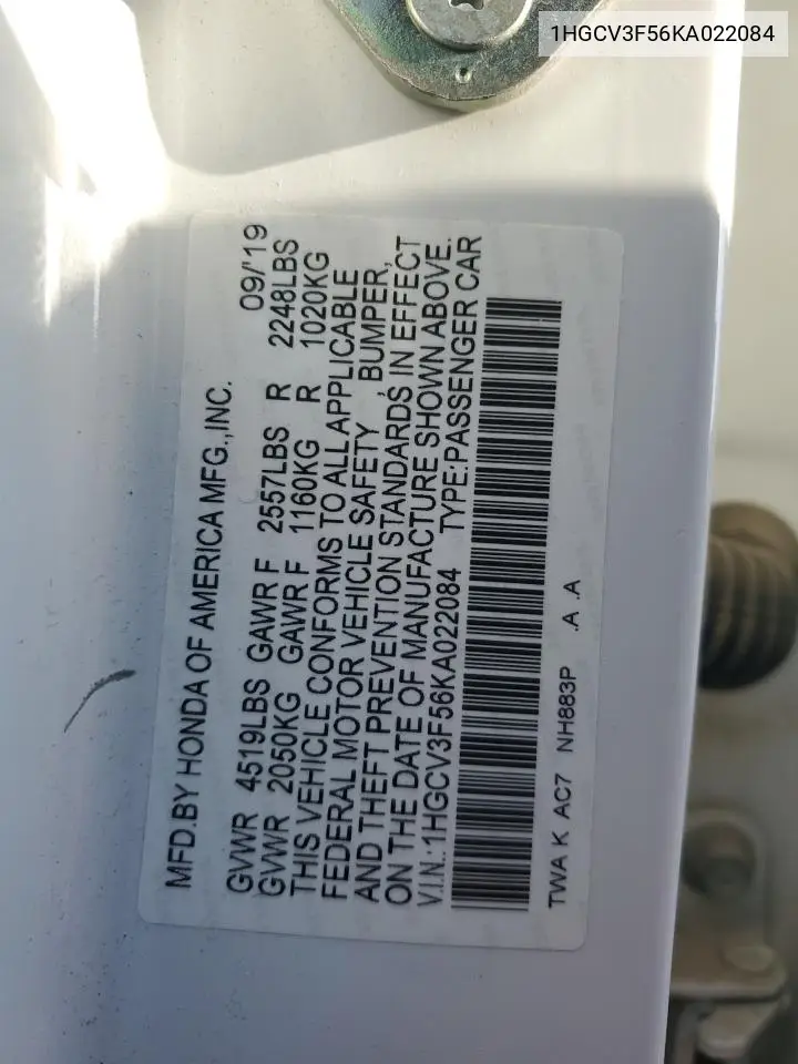 1HGCV3F56KA022084 2019 Honda Accord Hybrid Exl