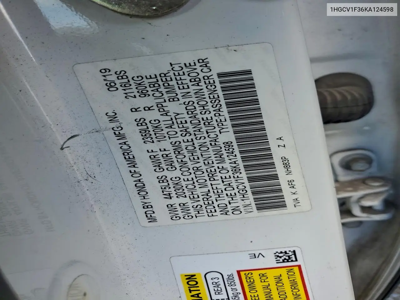 1HGCV1F36KA124598 2019 Honda Accord Sport