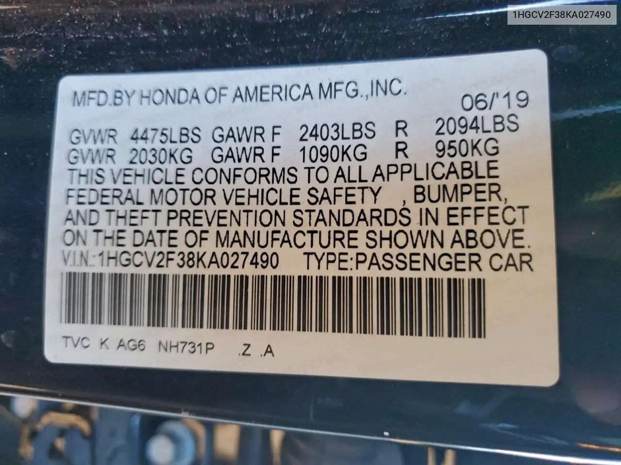 1HGCV2F38KA027490 2019 Honda Accord Sport