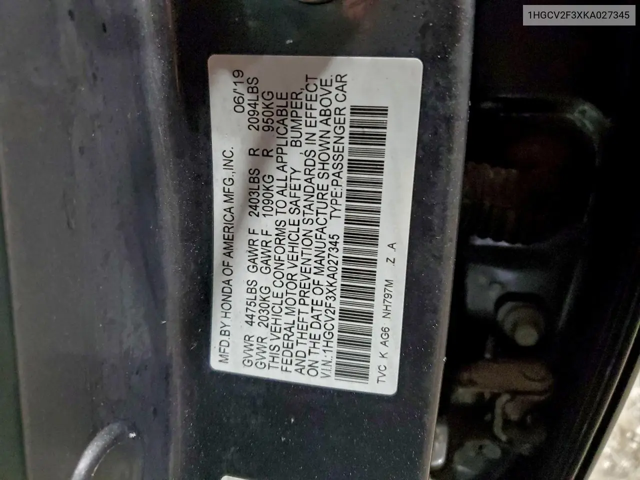 1HGCV2F3XKA027345 2019 Honda Accord Sport