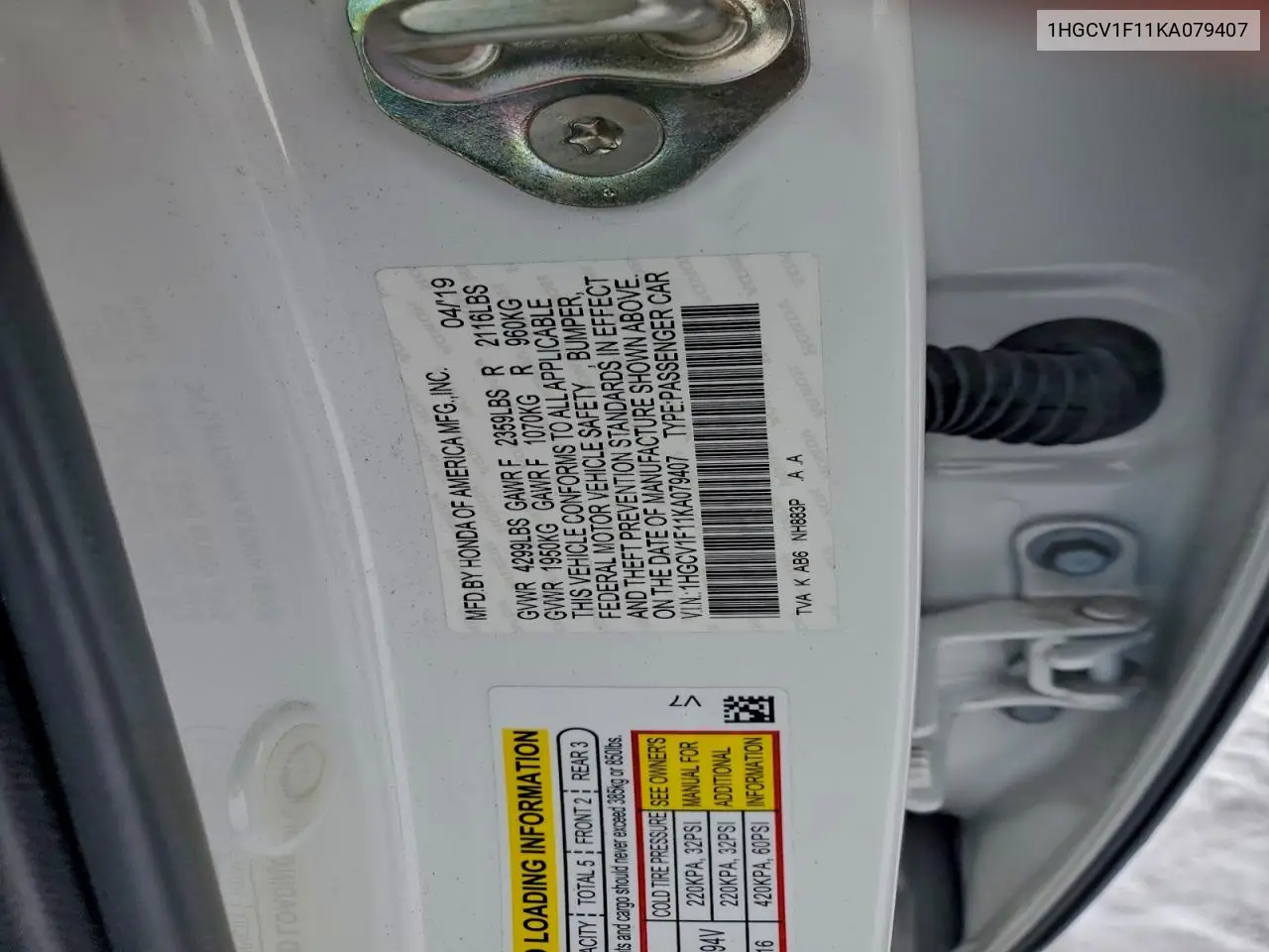1HGCV1F11KA079407 2019 Honda Accord Lx