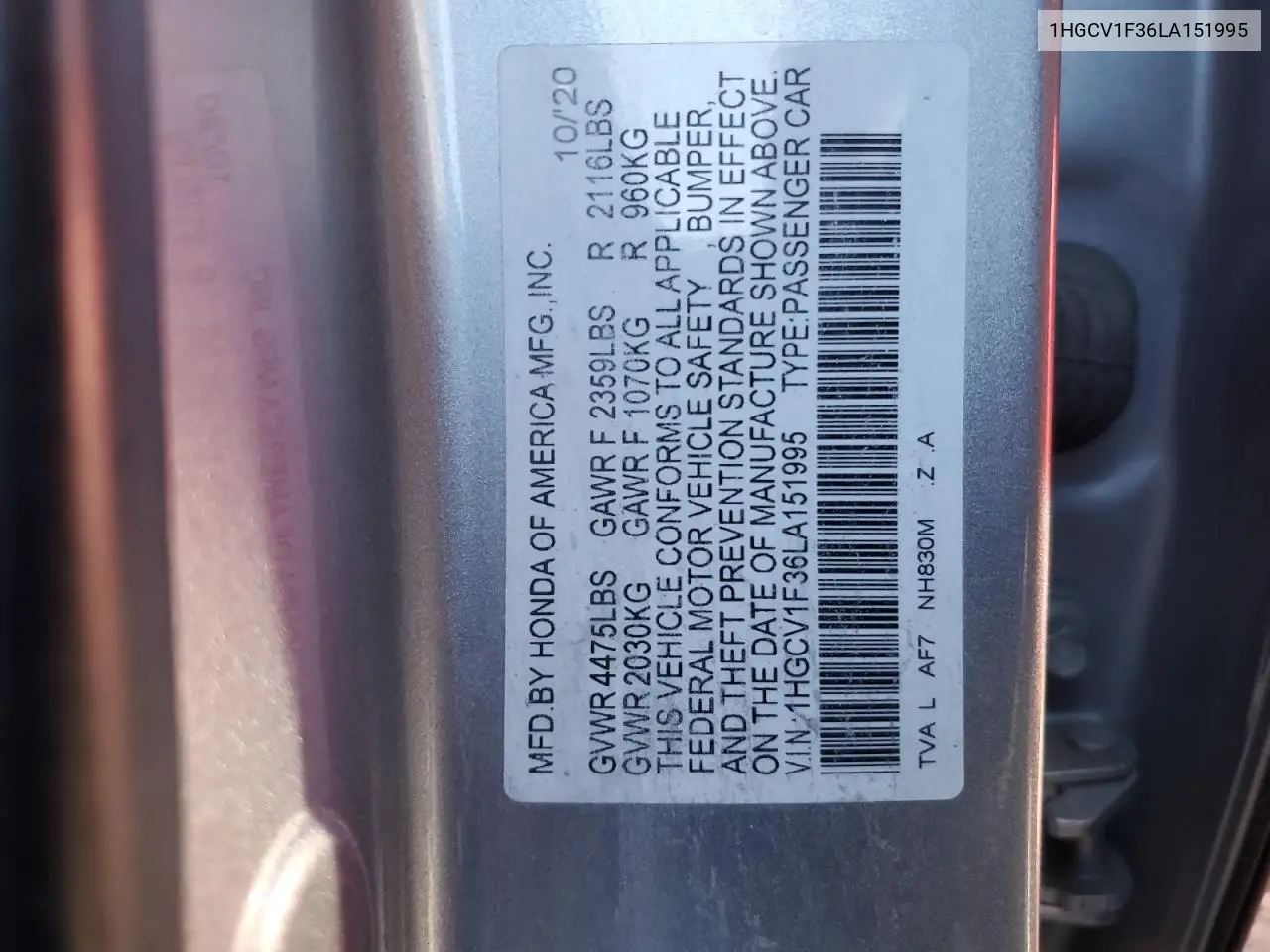 1HGCV1F36LA151995 2020 Honda Accord Sport
