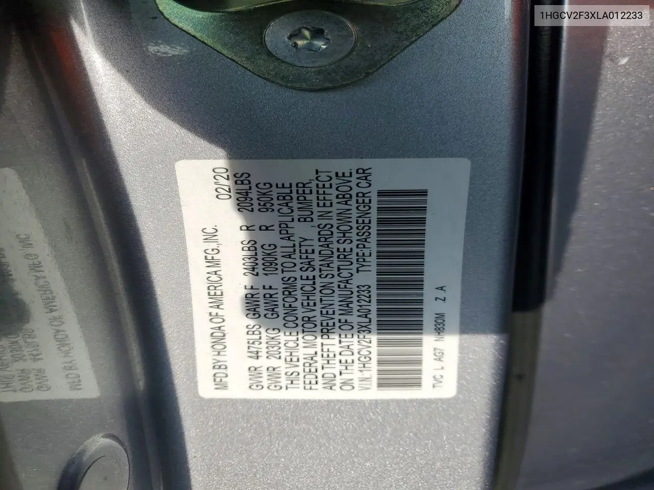 1HGCV2F3XLA012233 2020 Honda Accord Sport