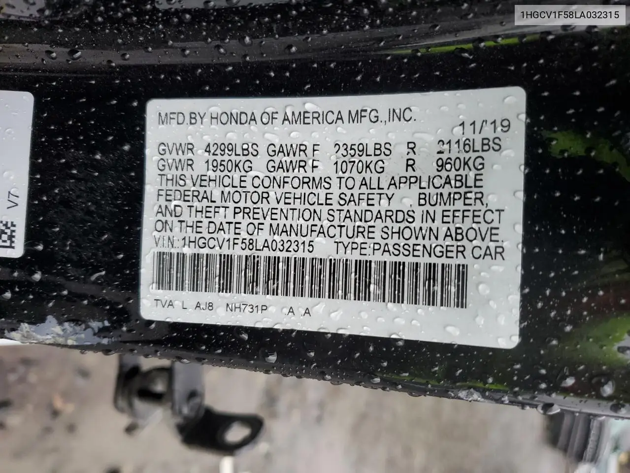 1HGCV1F58LA032315 2020 Honda Accord Exl