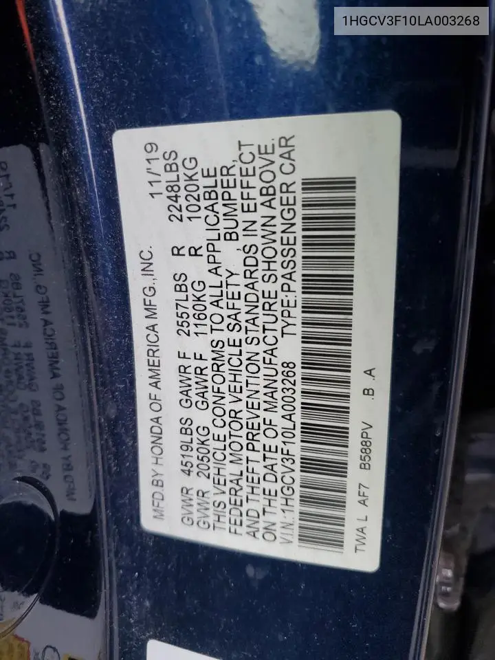 1HGCV3F10LA003268 2020 Honda Accord Hybrid
