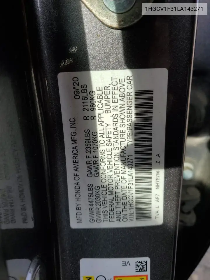 1HGCV1F31LA143271 2020 Honda Accord Sport
