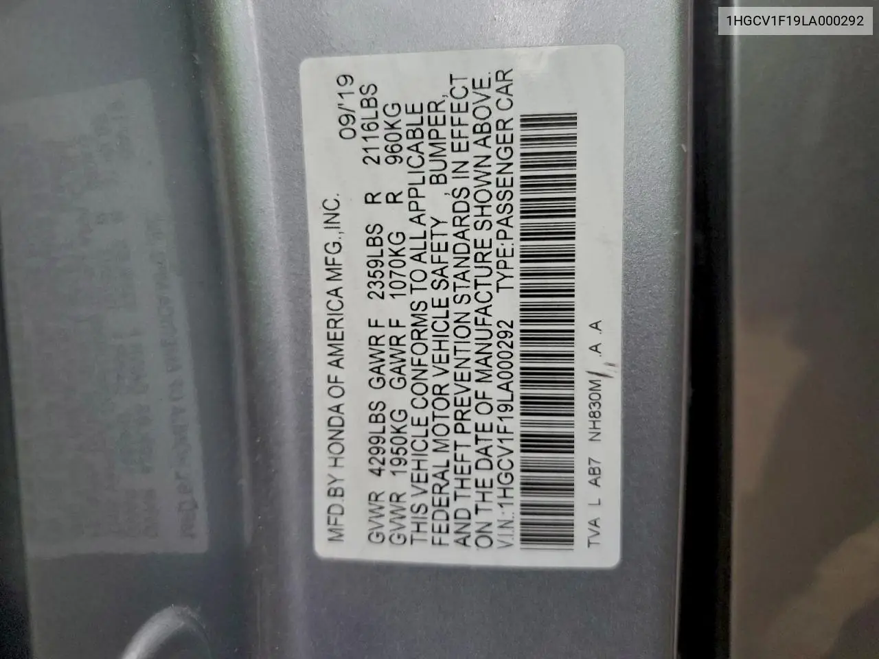 1HGCV1F19LA000292 2020 Honda Accord Lx