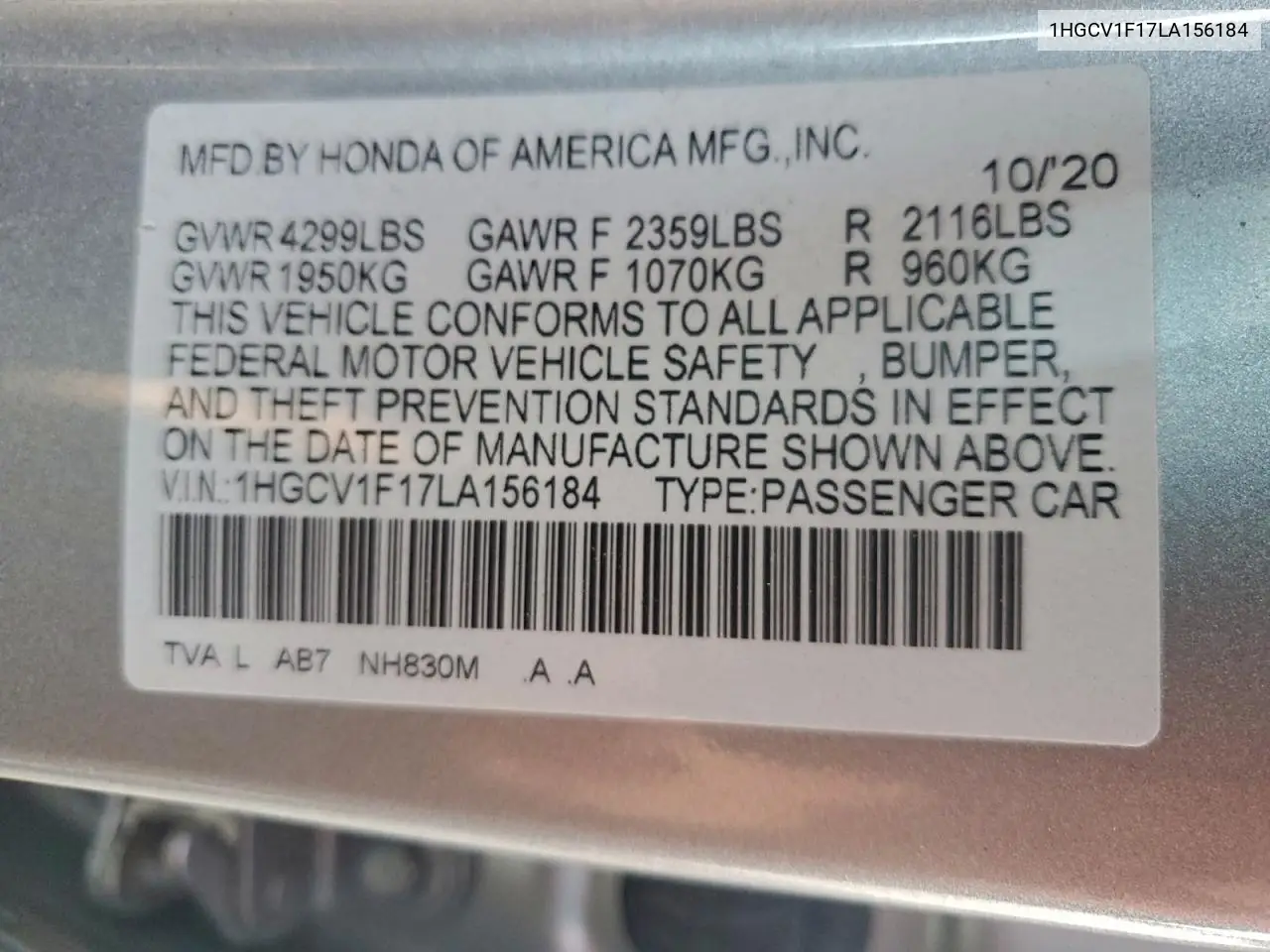 1HGCV1F17LA156184 2020 Honda Accord Lx