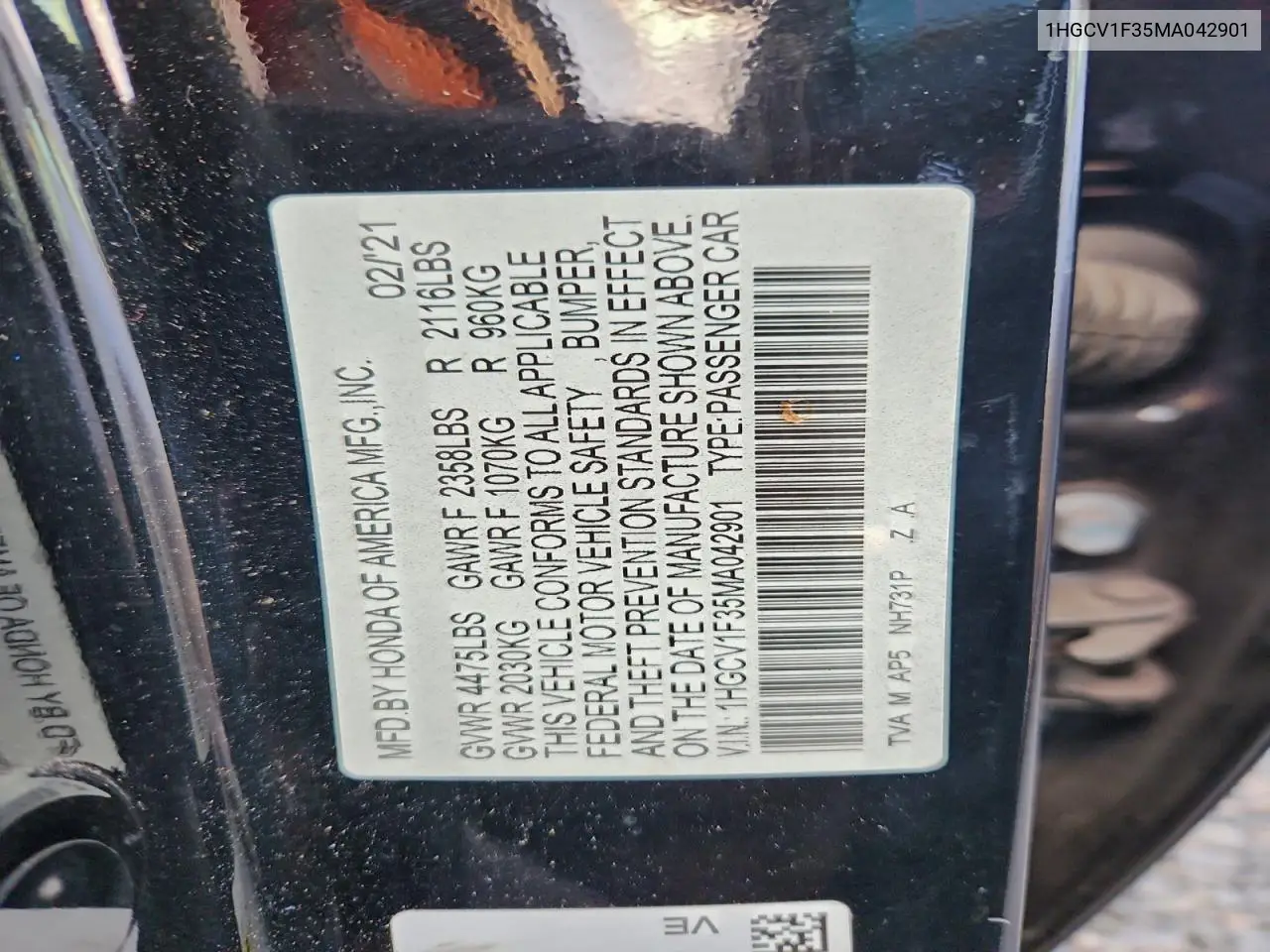 1HGCV1F35MA042901 2021 Honda Accord Sport