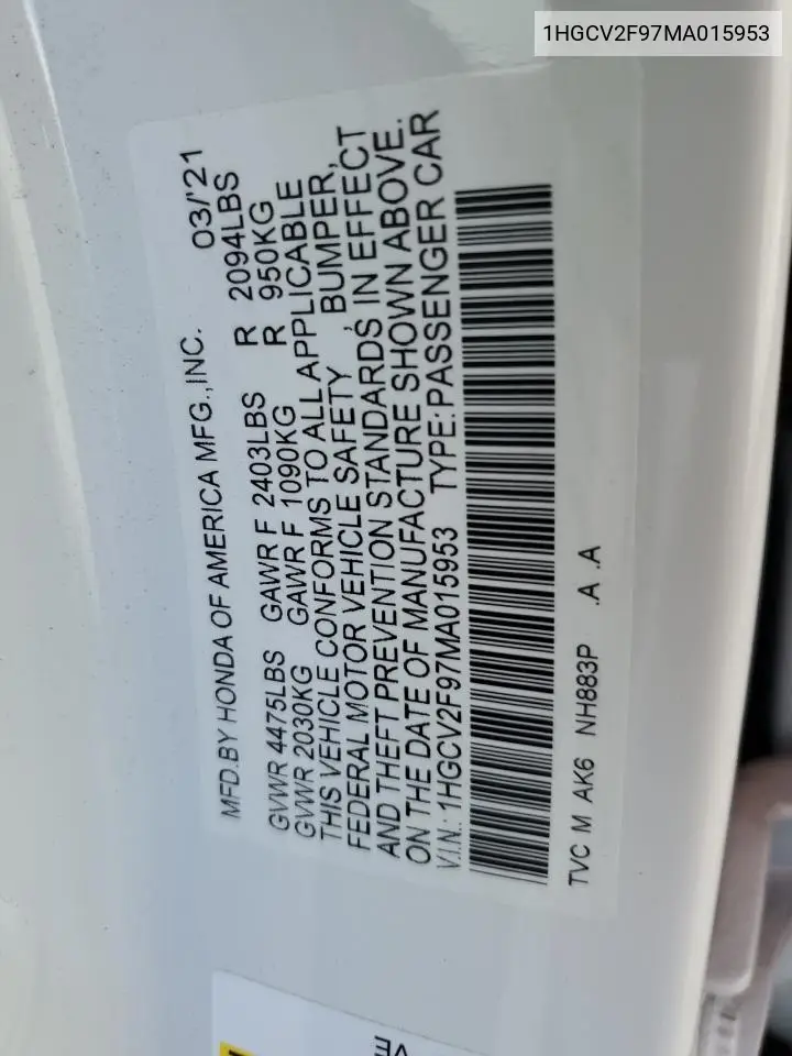 1HGCV2F97MA015953 2021 Honda Accord Touring
