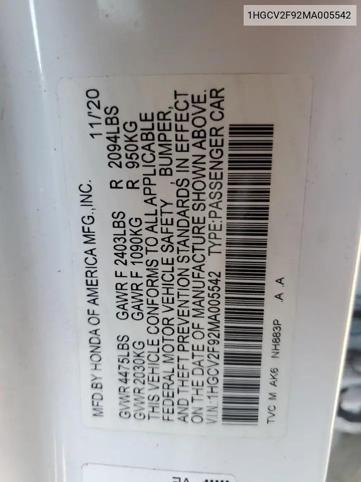 1HGCV2F92MA005542 2021 Honda Accord Touring