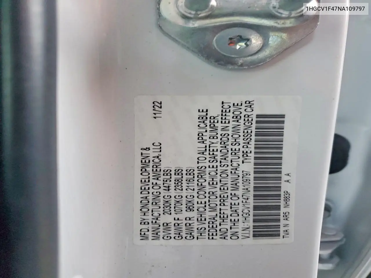 1HGCV1F47NA109797 2022 Honda Accord Sport Se