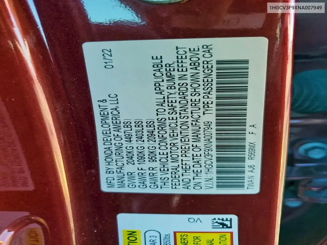 1HGCV3F9XNA007949 2022 Honda Accord Touring Hybrid