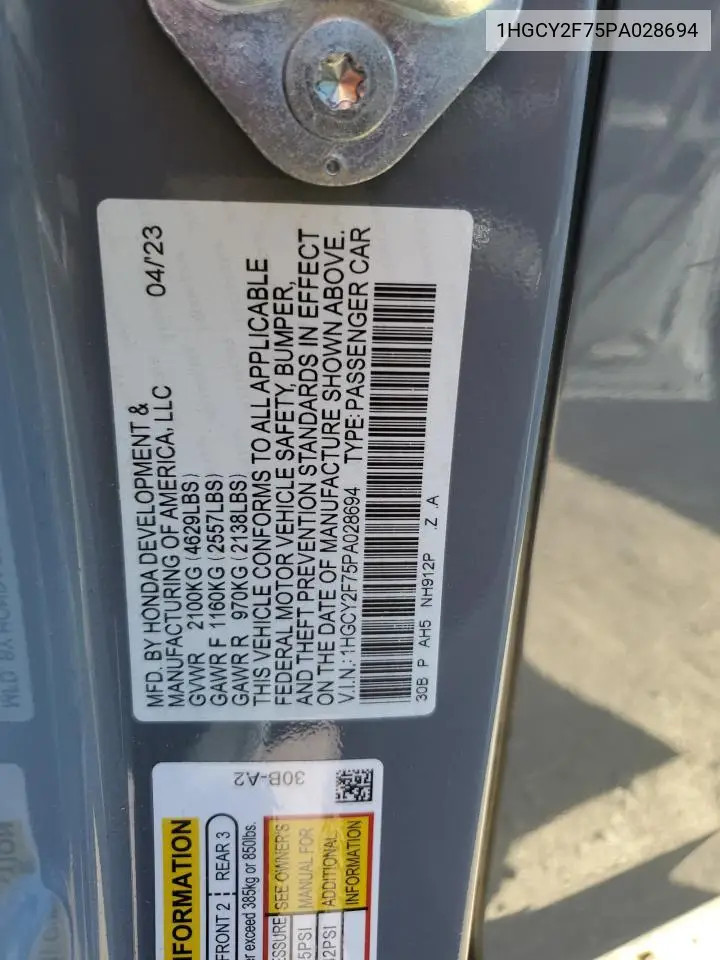 1HGCY2F75PA028694 2023 Honda Accord Hybrid Sport-L