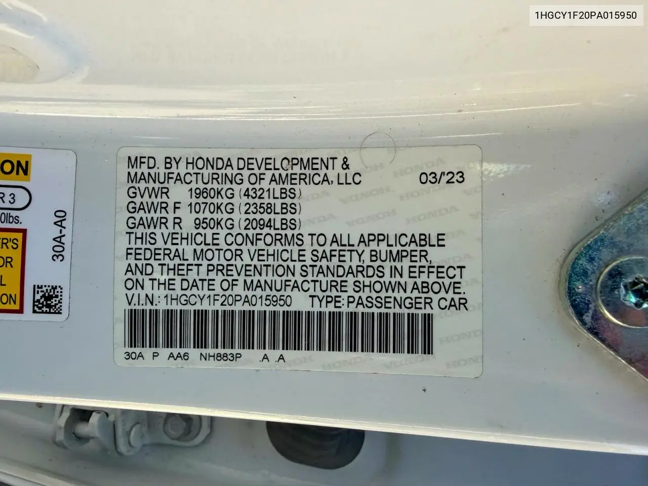 1HGCY1F20PA015950 2023 Honda Accord Lx