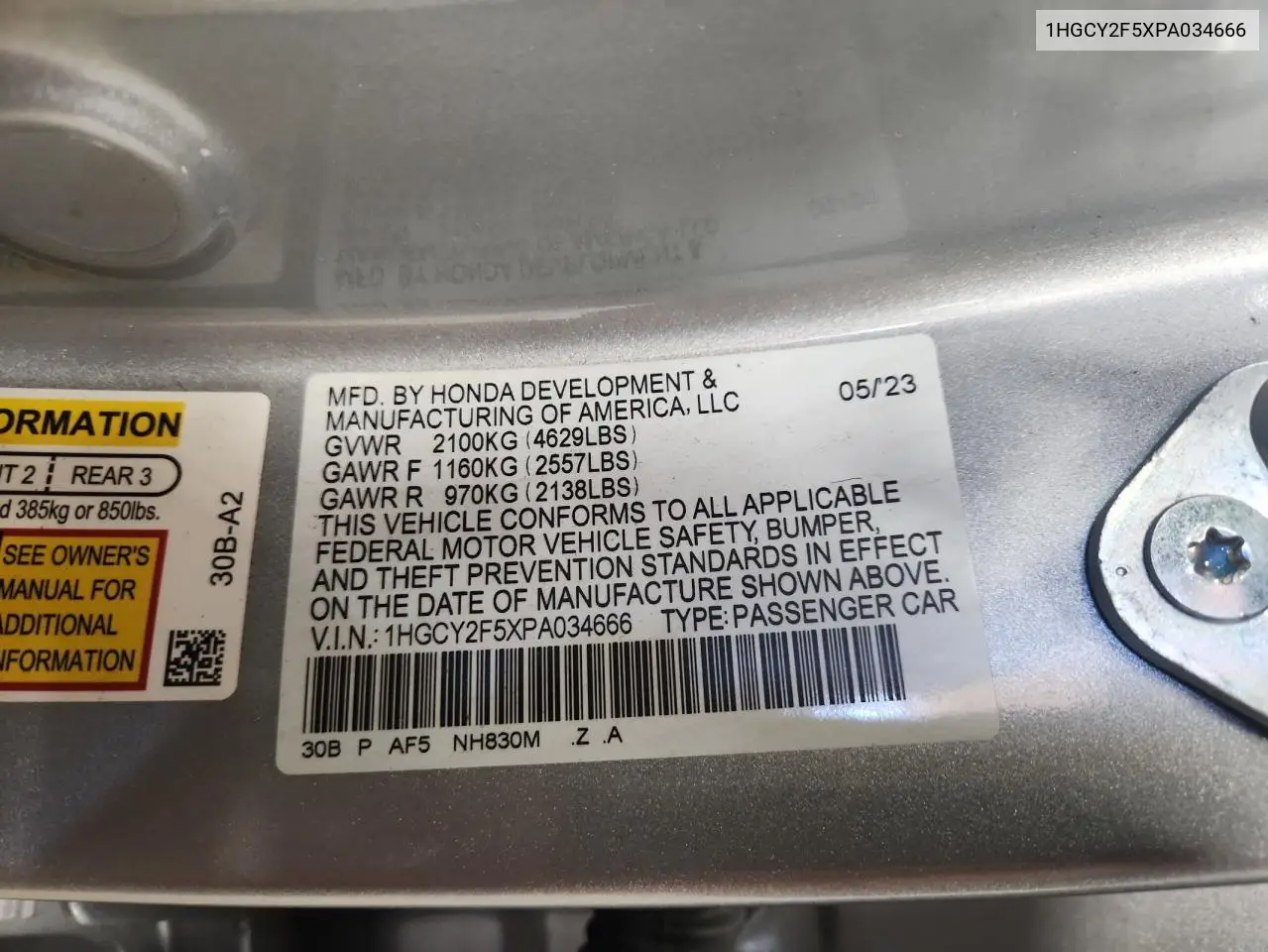 1HGCY2F5XPA034666 2023 Honda Accord Hybrid Sport