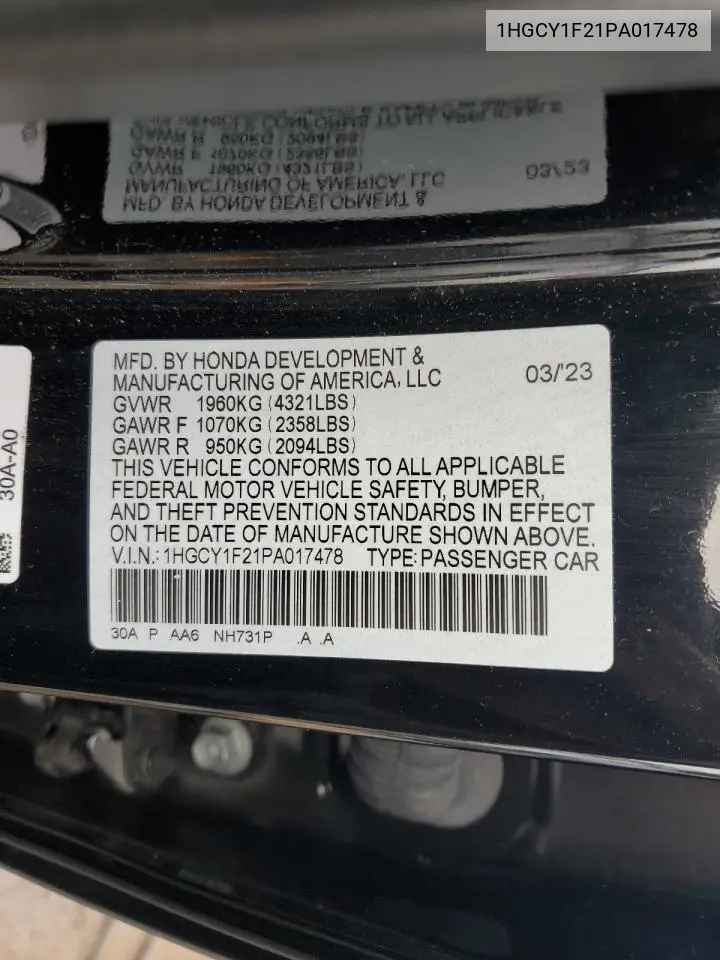 1HGCY1F21PA017478 2023 Honda Accord Lx