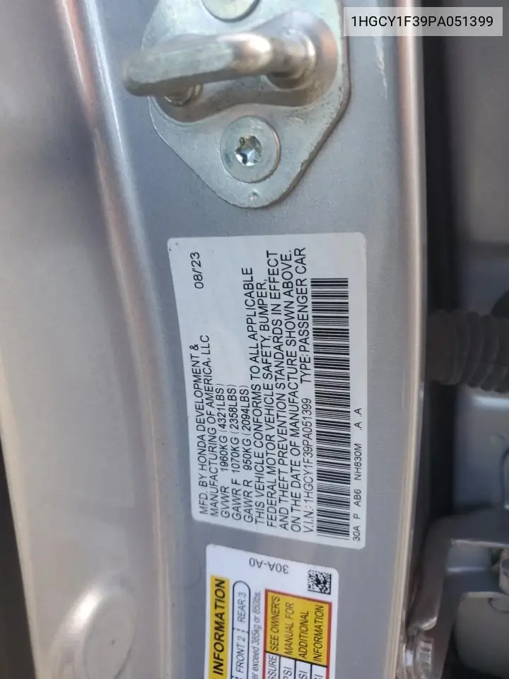 1HGCY1F39PA051399 2023 Honda Accord Ex