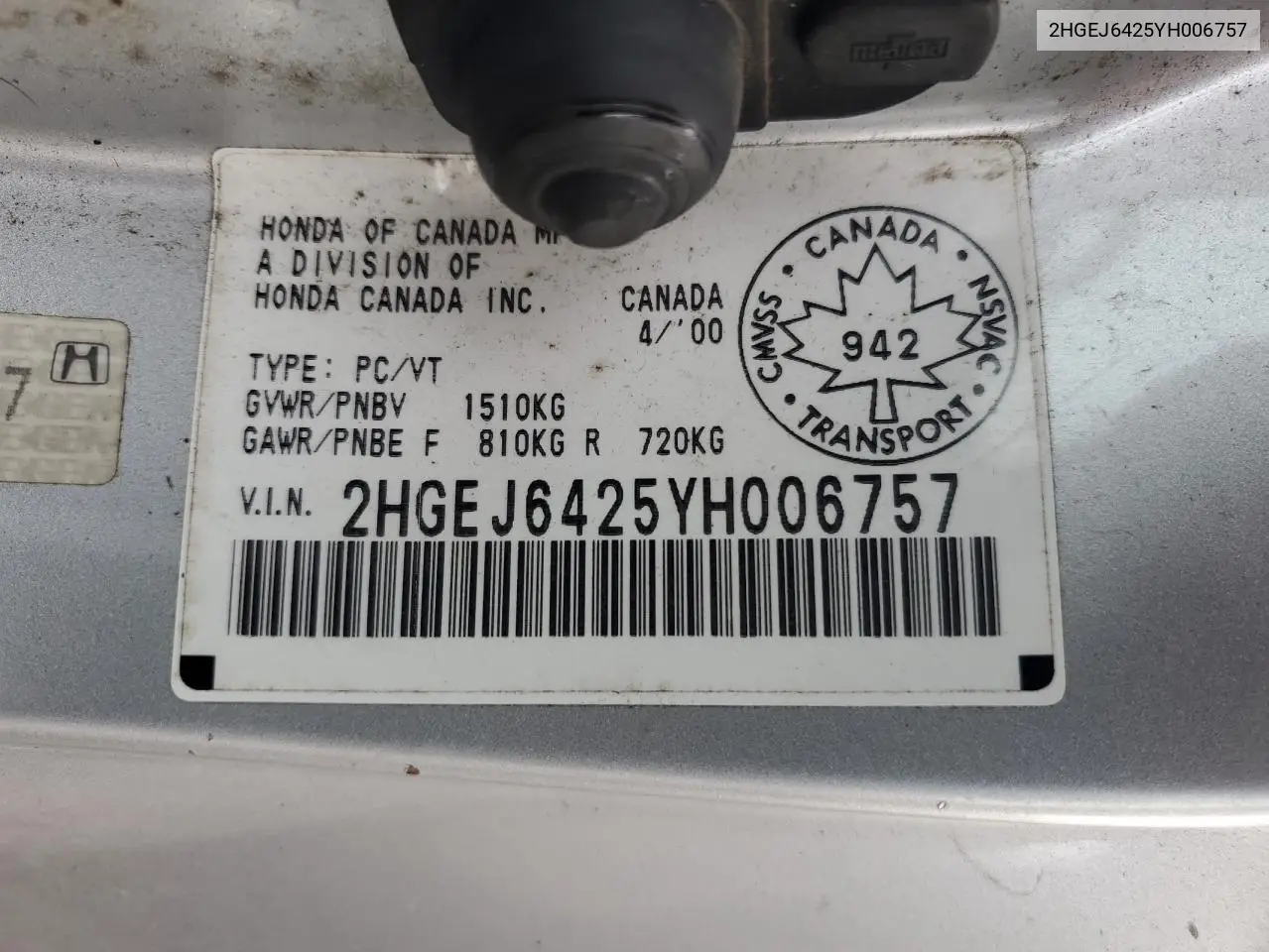 2HGEJ6425YH006757 2000 Honda Civic Cx