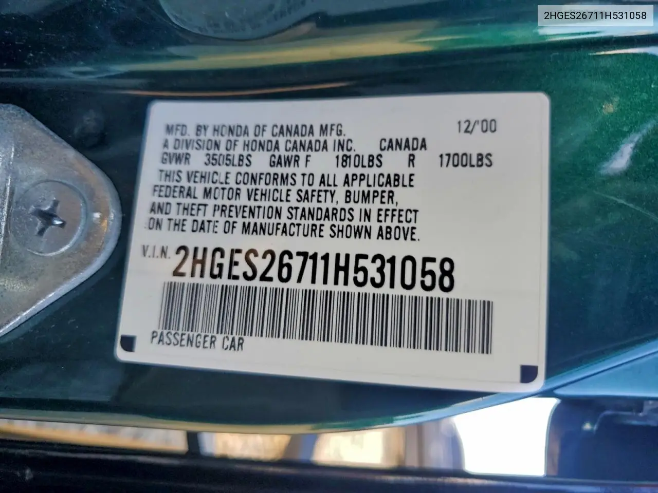 2HGES26711H531058 2001 Honda Civic Ex