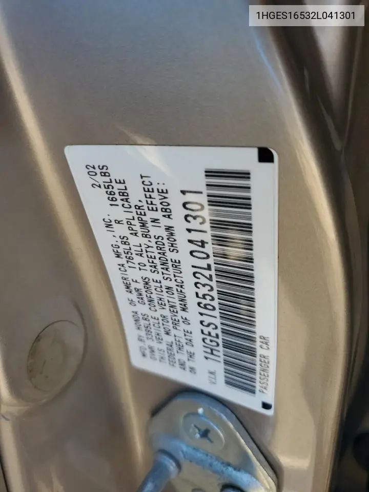 1HGES16532L041301 2002 Honda Civic Lx