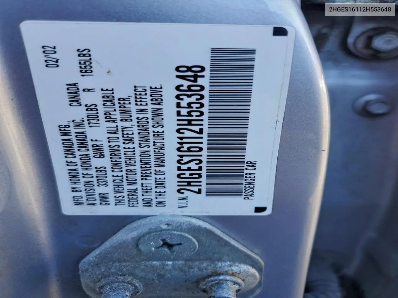 2HGES16112H553648 2002 Honda Civic Dx