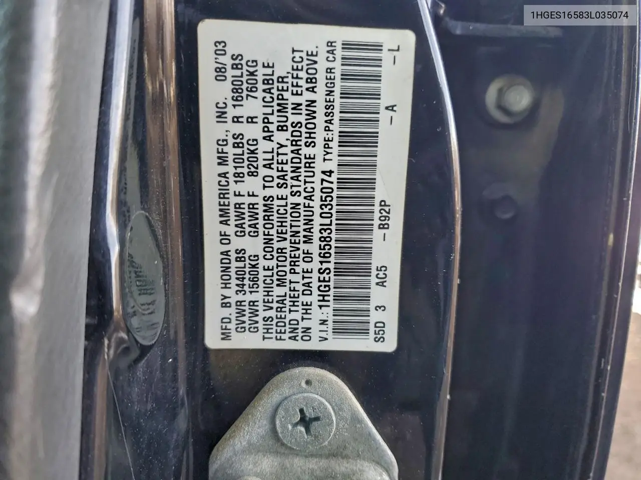 1HGES16583L035074 2003 Honda Civic Lx
