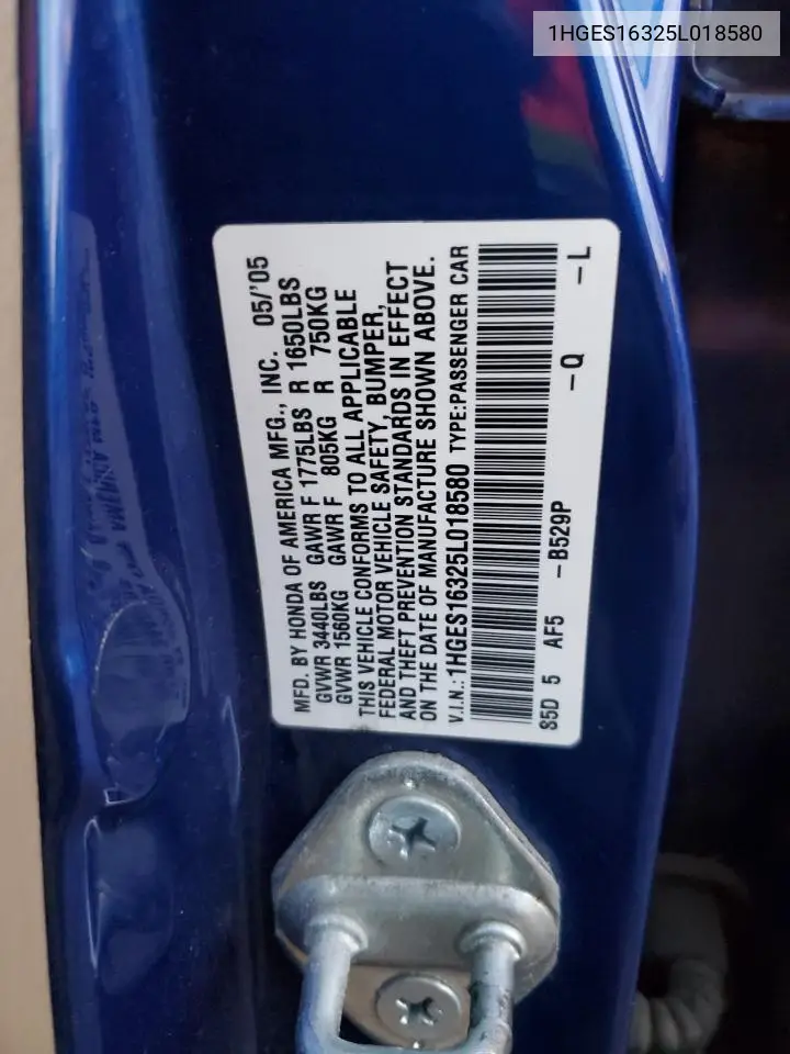 1HGES16325L018580 2005 Honda Civic Dx Vp