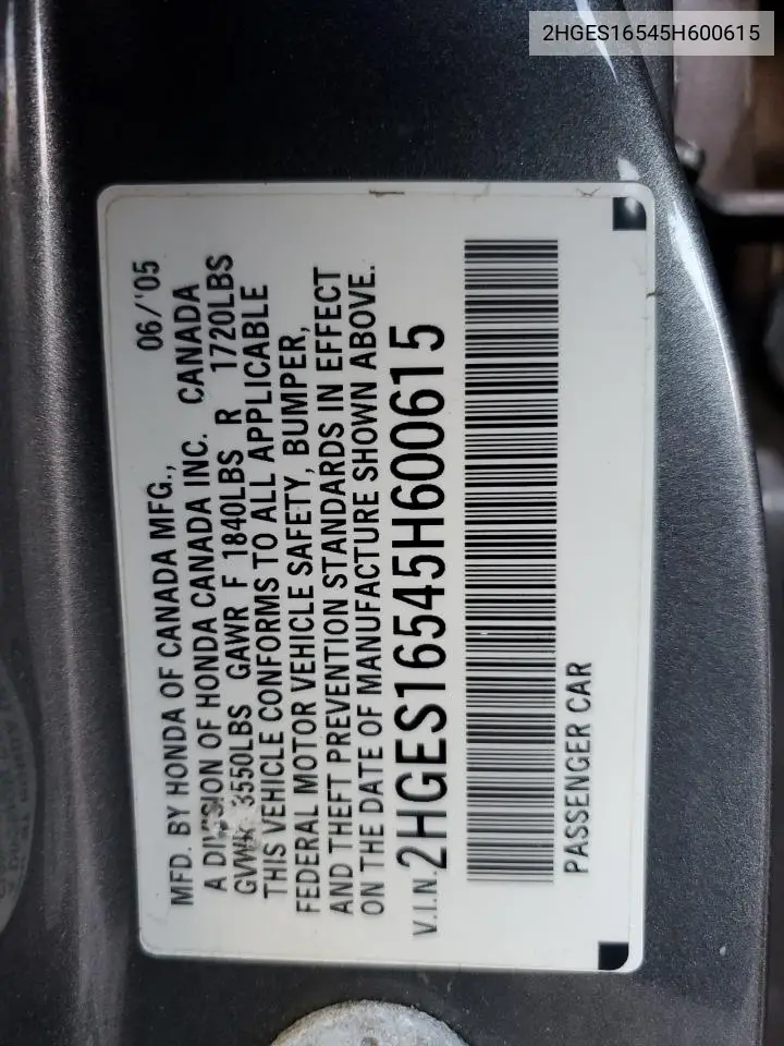 2HGES16545H600615 2005 Honda Civic Lx