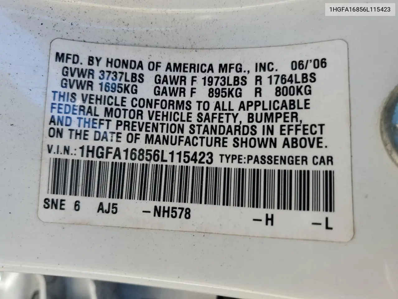 1HGFA16856L115423 2006 Honda Civic Ex
