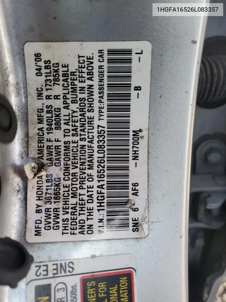 1HGFA16526L083357 2006 Honda Civic Lx