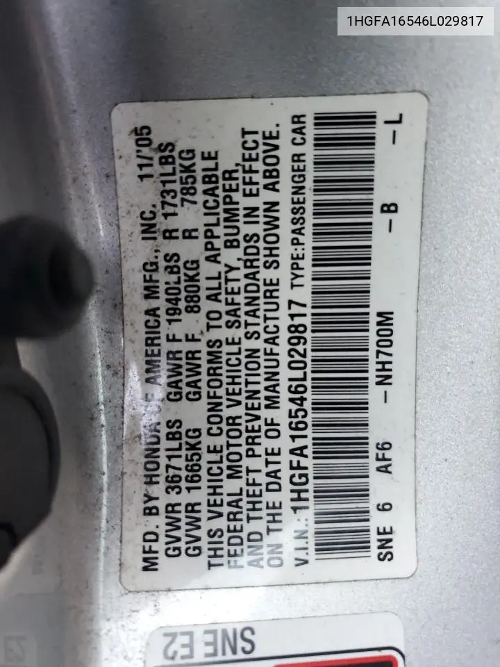 1HGFA16546L029817 2006 Honda Civic Lx