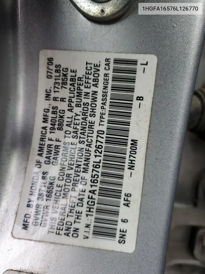 1HGFA16576L126770 2006 Honda Civic Lx