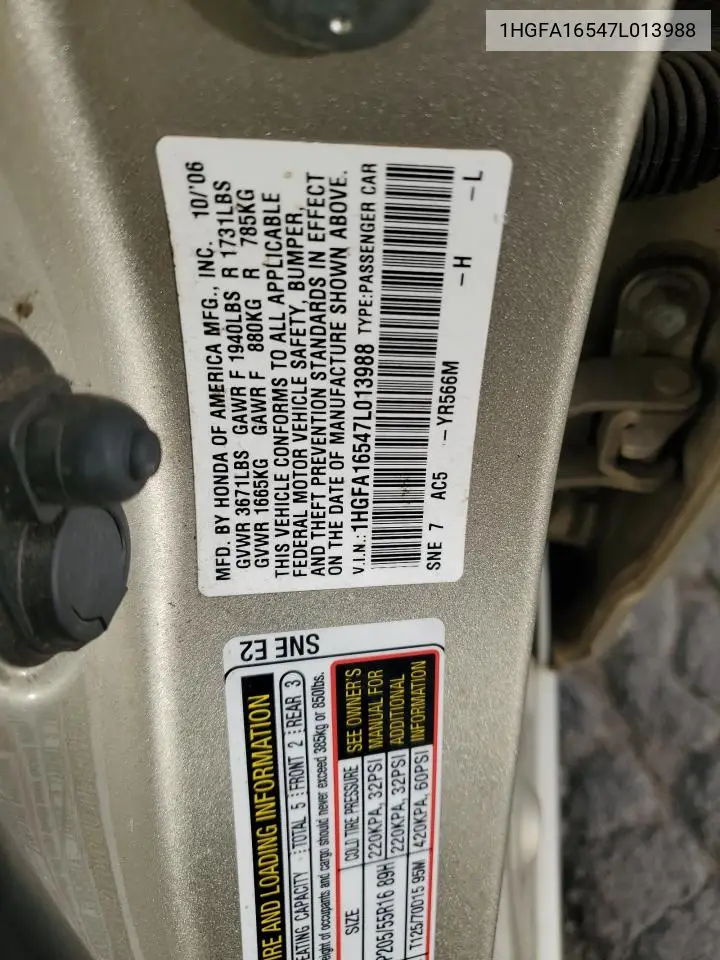 1HGFA16547L013988 2007 Honda Civic Lx