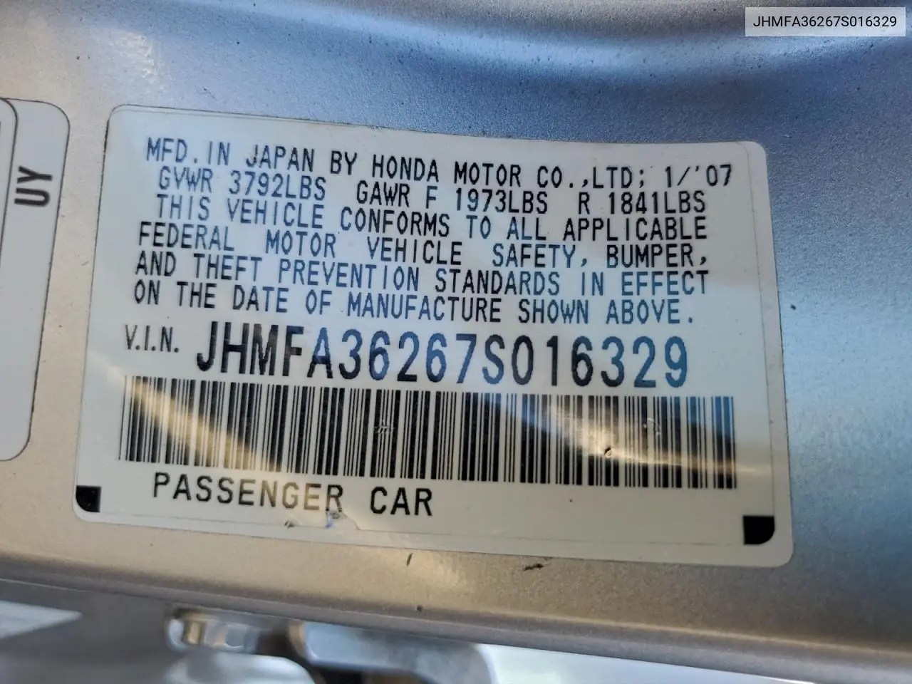 JHMFA36267S016329 2007 Honda Civic Hybrid