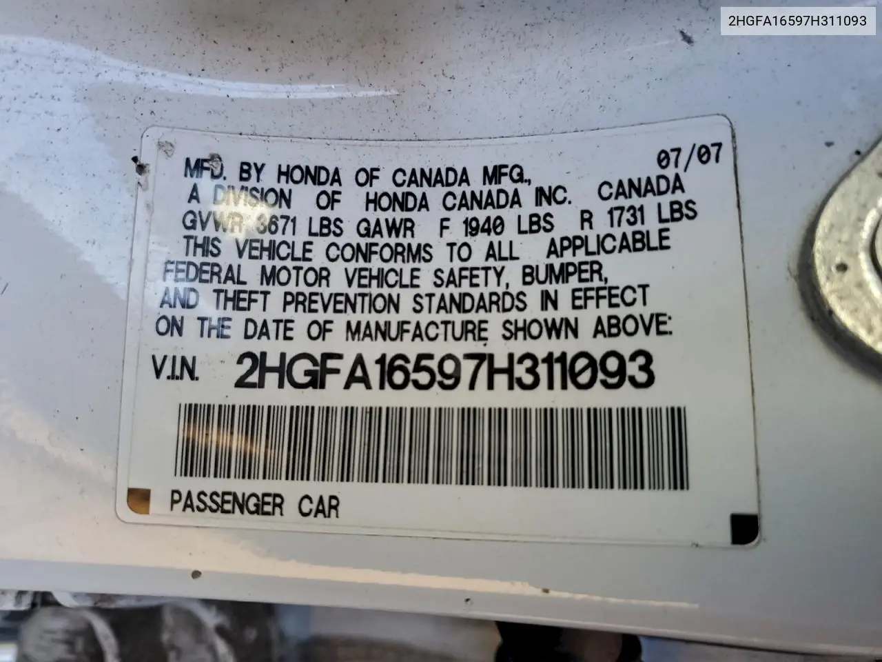 2HGFA16597H311093 2007 Honda Civic Lx
